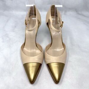 CHANEL CC Vintage 90s Y2K leather Cap Toe Mid Height Heels Pumps Gold Retro 38